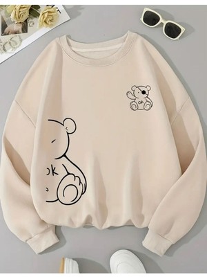 Sevimli Ayı Baskılı Bisiklet Yaka Bej Sweatshirt