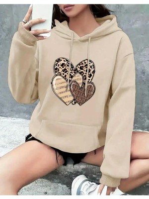 Leopar 3 Lü Kalp Baskılı  2 Iplik Şardonlu Kapüşonlu Cepli Sweatshirt
