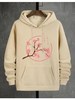 Çiçek Dal Desenli  2 Iplik Şardonlu Kapüşonlu Cepli Sweatshirt