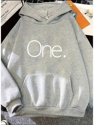 One Baskılı Kapüşonlu Cepli Içi Yünlü Gri Sweatshirt