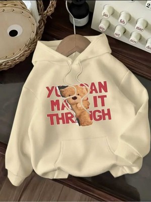 Through Bear Baskılı Kapüşonlu Cepli Içi Yünlü Bej Sweatshirt