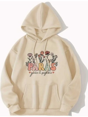 Paras Flower Baskılı Kapüşonlu Cepli Pamuklu Bej Sweatshirt