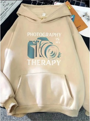 Photography Baskılı Kapüşonlu Cepli Pamuklu Bej Sweatshirt