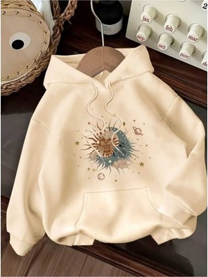 Caddekombin Güneş Ay Gezegen Baskılı Bej Kapüşonlu Pamuklu Sweatshirt Günlük Kullanım İçin