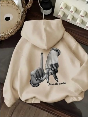 La Rock The World Arka Baskılı Kapüşonlu Cepli Içi Yünlü Bej Sweatshirt