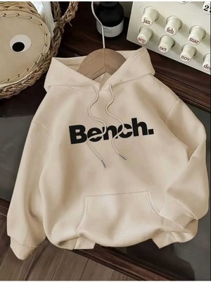 Bench Baskılı Kapüşonlu Cepli Pamuklu Bej Sweatshirt