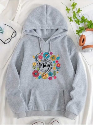 La Mejor Mama Baskılı Kapüşonlu Cepli Pamuklu Gri Sweatshirt