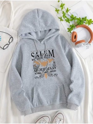 Salem Medicines Baskılı Kapüşonlu Cepli Içi Yünlü Gri Sweatshirt
