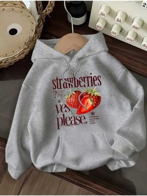 Strawberries Baskılı Kapüşonlu Cepli Pamuklu Gri Sweatshirt