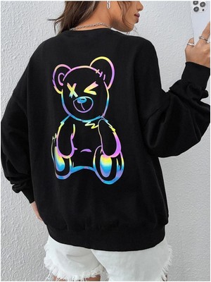 Trend Kutu Cep Üstünde Kedi Baskılı Kapüşonlu Sweatshirt
