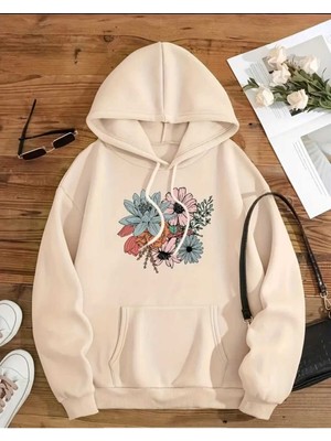 Renkli Çiçekler Baskılı Kapüşonlu Cepli Pamuklu Bej Sweatshirt