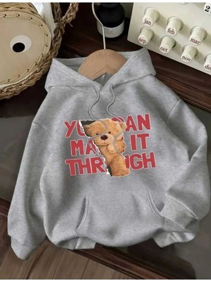 Through Bear Baskılı Kapüşonlu Cepli Içi Yünlü Gri Sweatshirt