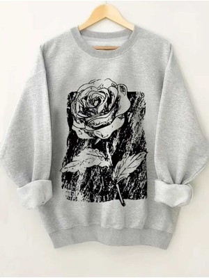 Kara Kalem Gül Baskılı Bisiklet Yaka Gri Sweatshirt