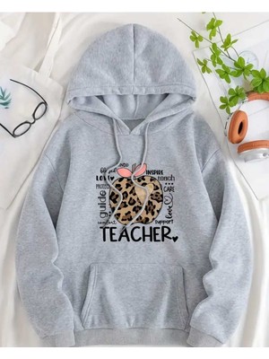 Teacher Baskılı Kaoüşonlu Cepli Pamuklu Gri Sweatshirt