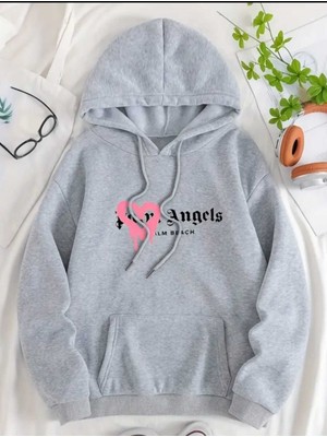 Palm Angels Beach Baskılı Kapüşonlu Cepli Içi Yünlü Gri Sweatshirt