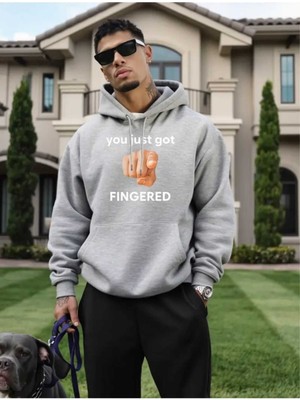 Fingered Baskılı Kapüşonlu Cepli Pamuklu Gri Sweatshirt