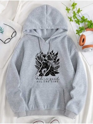 God All The Time Baskılı Kapüşonlu Cepli Pamuklu Gri Sweatshirt