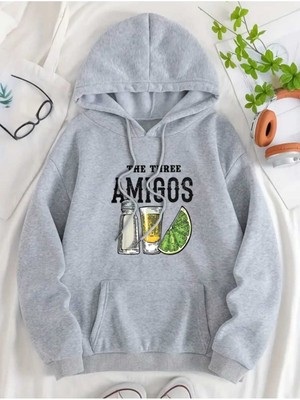 The Three Amigos Baskılı Kapüşonlu Cepli Pamuklu Gri Sweatshirt