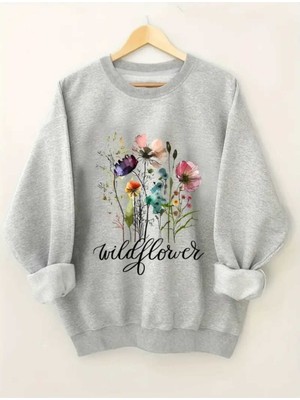 Wildflower Baskılı Bisisklet Yaka Gri Sweatshirt