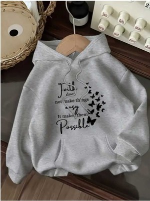 Faith Easy Possible Baskılı Kapüşonlu Cepli Pamuklu Gri Sweatshirt