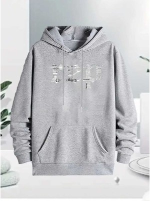 Rep Gotik Font Baskılı Kapüşonlu Cepli Içi Yünlü Gri Sweatshirt