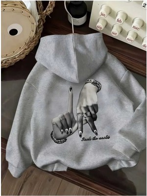 La Rock The World Arka Baskılı Kapüşonlu Cepli Içi Yünlü Gri Sweatshirt