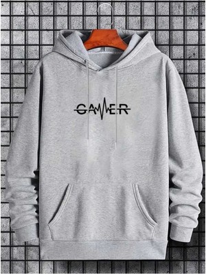 Gamer Baskılı Kapüşonlu Cepli Pamuklu Gri Sweatshirt