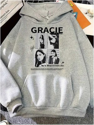 Gracie Abrams Baskılı Kapüşonlu Cepli Pamuklu Gri Sweatshirt