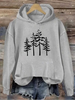Dört Ağaç Baskılı Kapüşonlu Cepli Içi Yünlü Gri Sweatshirt