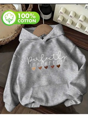 Perfectly Imperfect Baskılı Kapüşonlu Cepli Içi Yünlü Gri Sweatshirt