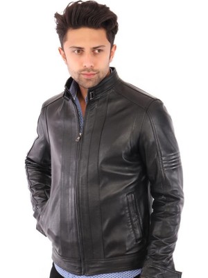 Hakiki Deri Siyah Maso Fermuarlı Erkek Deri Ceket