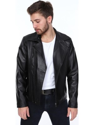 Hakiki Deri Siyah Muller Fermuarlı Erkek Deri Ceket