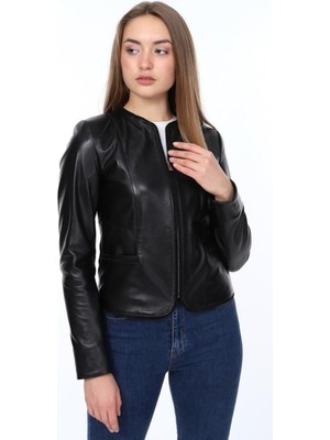 Hakiki Deri Siyah Naif Kadın Ceket