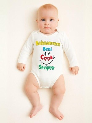 Bebek Babaannem Beni Çok Seviyor Yazılı Pamuklu Uzun Kol Çıtçıtlı Body