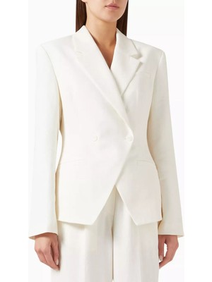 Off White Linen Blazer,yazlık Kırışmayan ve Belden Oturan Şık Ceket