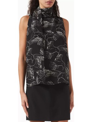 Kuş Desenli Ipek Bluz, Şal Yakalı, Kolsuz