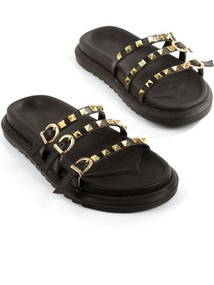 Norve Siyah Zımbalı Üç Ince Bantlı Terlik