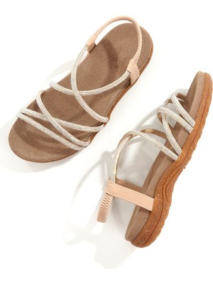 Pelip Ten Rengi Taşlı Kaymaz Kauçuk Taban Rahat Sandalet Yazlık Topuksuz Abiye Ayakkabı