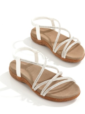 Pelip Beyaz Taşlı Kaymaz Kauçuk Taban Rahat Sandalet Yazlık Topuksuz Abiye Ayakkabı