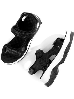 Ternis Siyah Taşlı Sandalet Cırtlı Hafif Masaj Taban  Ayakkabı