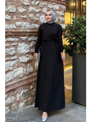 Gömlek Yaka Çapraz Bağlamalı Düğmeli Tesettür Elbise