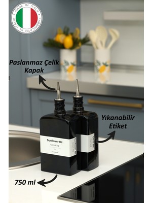 2'li 750 ml Yağdanlık Sosluk Sirkelik Zeytinyağı Şişesi Damlatmaz Kapak Siyah Koyu Cam-Beyaz Etiket