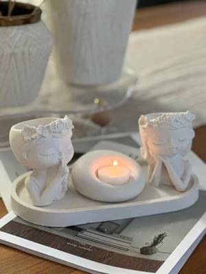 Dekoratif 2'li Kız Çocuk Figürlü Saksı Dekor Mumluk Set