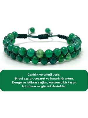 Sertifikalı Yeşil Akik Çift Sıra Doğal Taş Makrome Bileklik Ayarlanabilir Ölçü