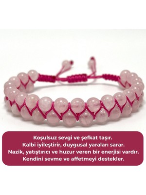 Sertifikalı Pembe Kuvars Çift Sıra Doğal Taş Makrome Bileklik Ayarlanabilir Ölçü