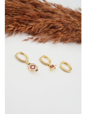 By Zeyna Aksesuar Kadın Kararmaz  Altın Kaplama Vintage 3'lü Zirkon Set Küpe