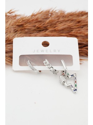 By Zeyna Aksesuar Kadın Altın Kaplama Kararmaz Şimşek Figürlü  3'lü Zirkon Set Küpe