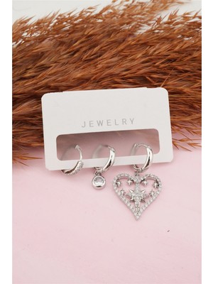 By Zeyna Aksesuar Kadın Kararmaz  Kalp Detaylı Zirkon Küpe Set