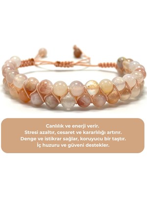 Sertifikalı Çiçek Akik Çift Sıra Doğal Taş Makrome Bileklik Ayarlanabilir Ölçü