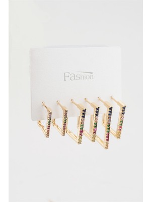 By Zeyna Aksesuar Kadın Kararmaz Altın Kaplama Renkli Zirkon Işleme 6 Lı Küpe Set